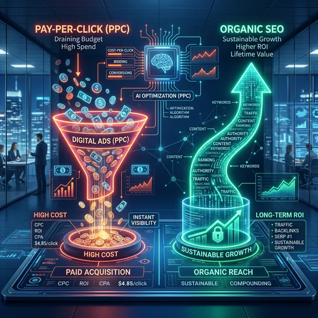 Panel de control digital rojo quemando dinero corporativo a través del embudo de publicidad paga Ads mientras algoritmos IA lo reemplazan por una estructura asimétrica rentable