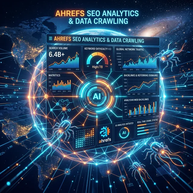 Panel holográfico espacial mostrando algoritmos de inteligencia artificial interactuando con métricas SEO avanzadas y conexiones de telaraña brillante aludiendo al Crawler Ahrefs Analytics