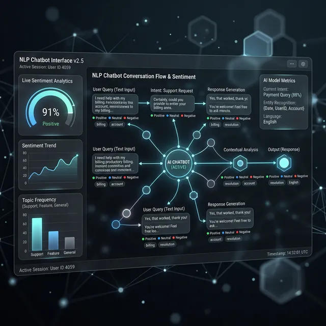 Interfaz futurista oscura de inteligencia de Natural Language Processing GPT-4 B2B corporativo