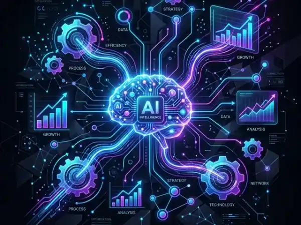 Concepto gráfico ilustrando la automatización de negocios mediada por redes neuronales e inteligencia artificial conectando la nube