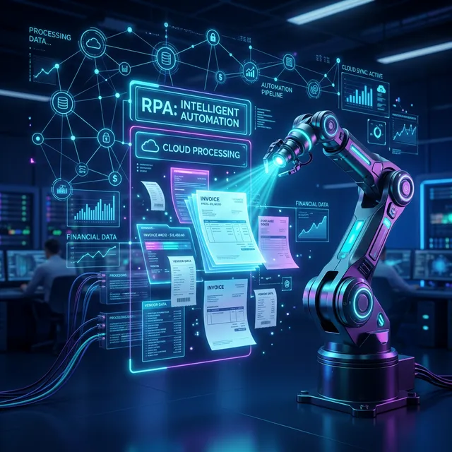 Concepto visual de Robótica (RPA) procesando información contable, financiera y de facturación automática