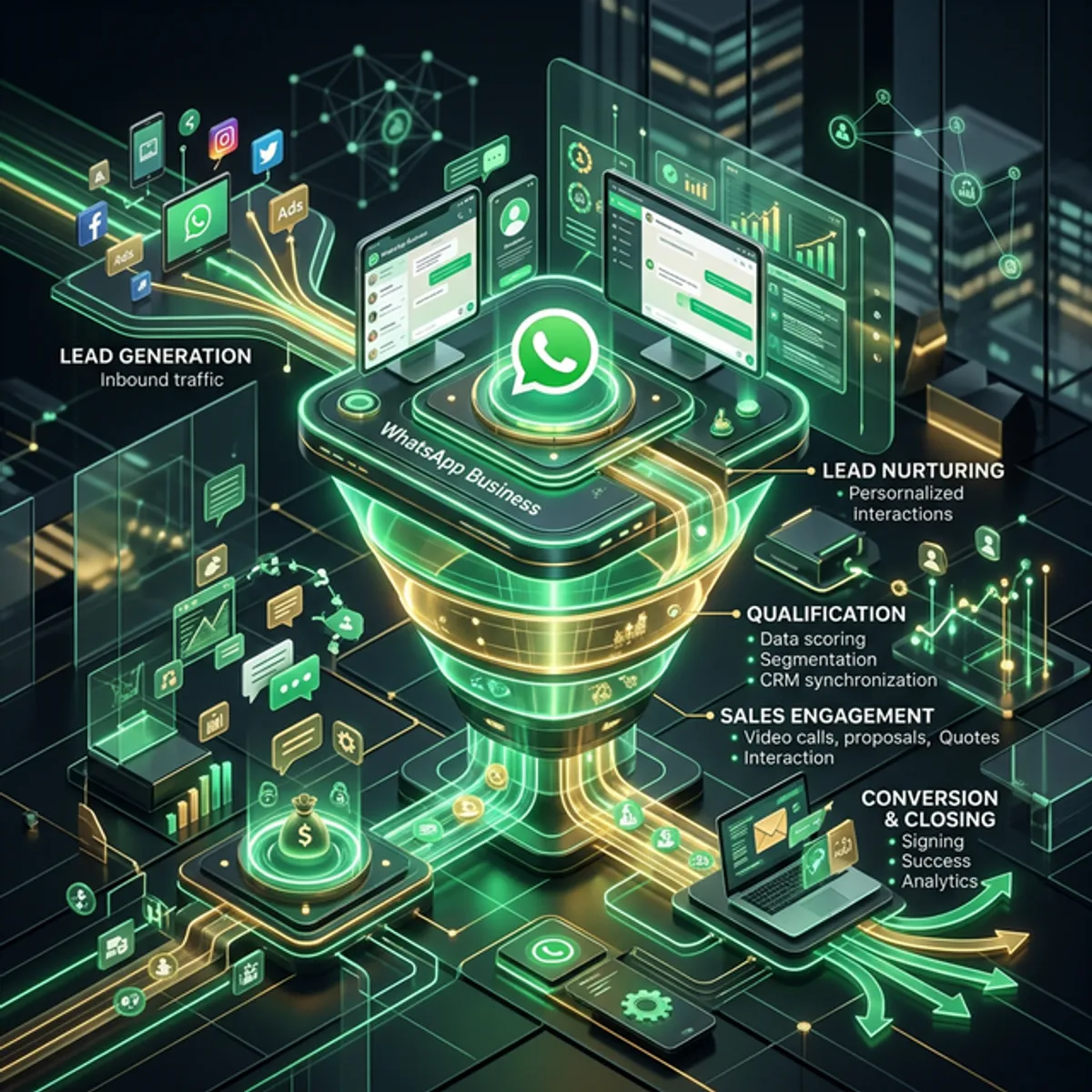 Ilustración digital sobre 3D B2B illustration showcasing WhatsApp Business integrated with a sales funnel usando IA