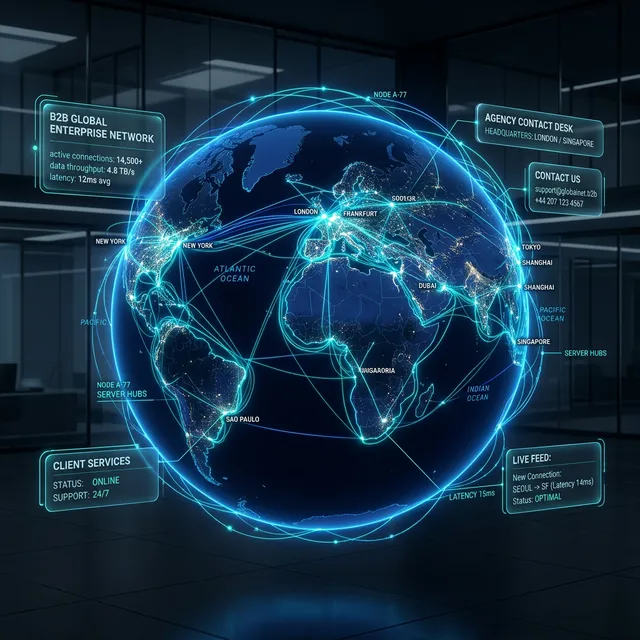 Mapa global de comunicaciones de fibra óptica representando red omnicanal B2B corporativa para contacto en agencias tech SEO e IA