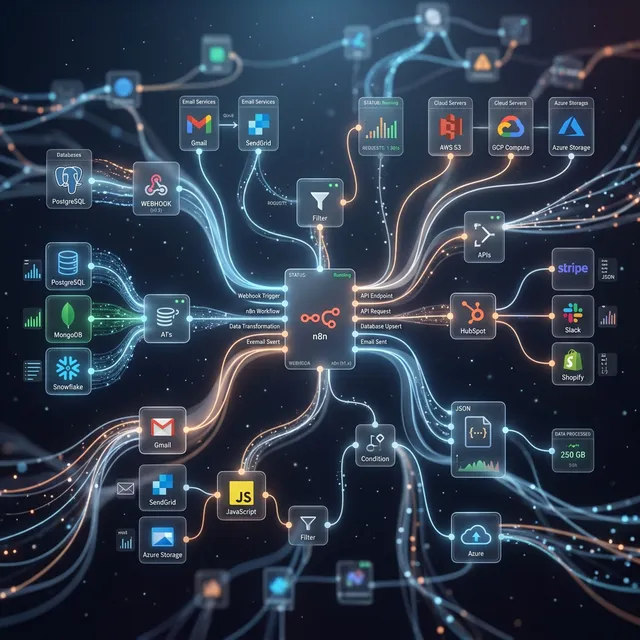 Mapa de nodos y flujos de trabajo avanzados en n8n representando integración de APIs automáticas B2B