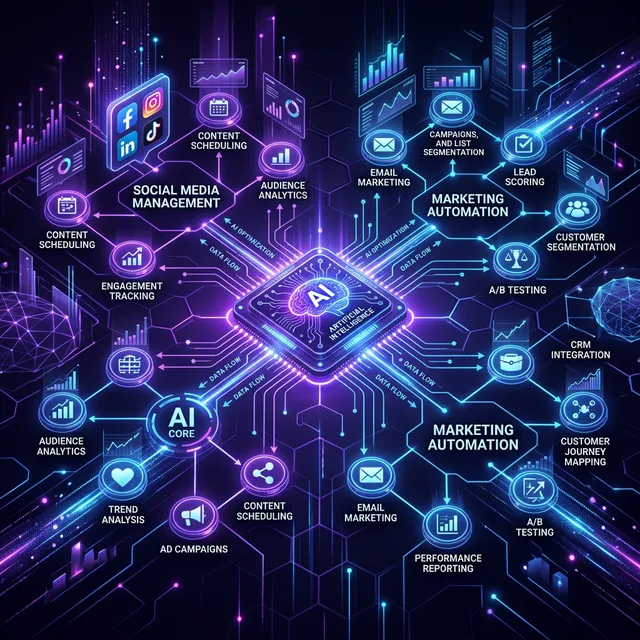 Esquema vectorial en darkmode ilustrando modelos predictivos de SEO y nodos automatizados de marketing inteligente conectando campañas publicitarias