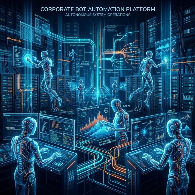 Panel ciberespacial B2B ilustrando un entorno de servidores con entidades virtuales luminosas y flujos de datos neuro-tecnológicos, simbolizando un bot o robot de software B2B