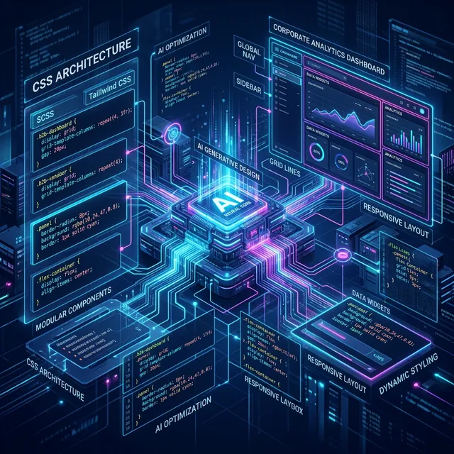 Panel visual de arquitectura CSS B2B renderizado por Inteligencia artificial mostrando cajas y flexbox corporativos con neón azul y magenta
