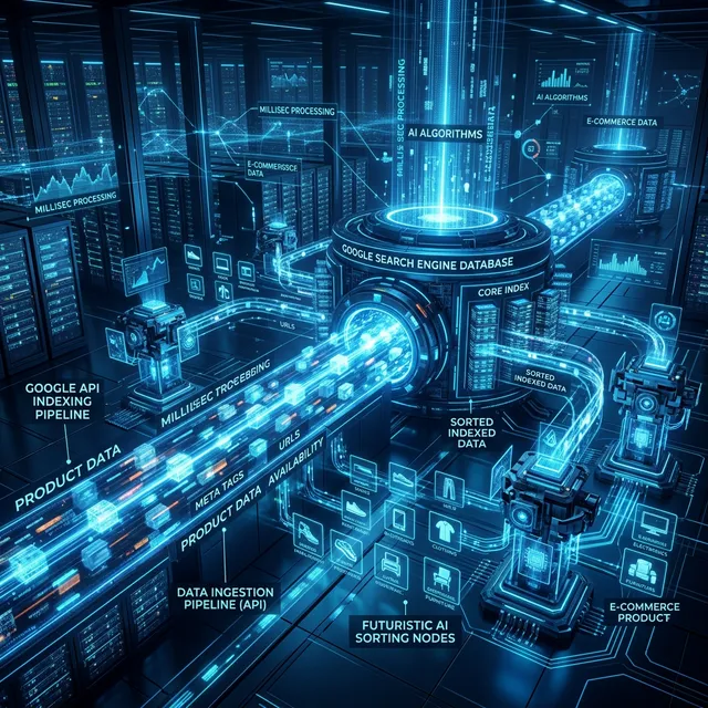 Representación de la Inteligencia artificial de Google API forzando la indexación masiva ultra-rápida B2B en las bases de datos Search Console corporativas SEO