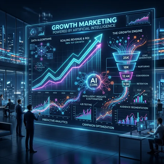 Panel analítico de Growth Marketing con Inteligencia Artificial, mostrando curvas algorítmicas de crecimiento exponencial en entornos B2B corporativos oscuros