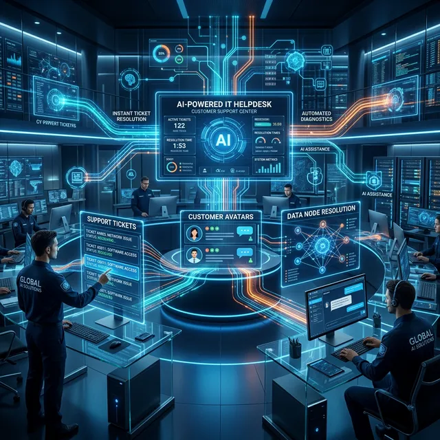 Panel ciberespacial B2B ilustrando un nodo de soporte técnico IT con analíticas flotantes y hologramas de bots resolviendo tickets velozmente