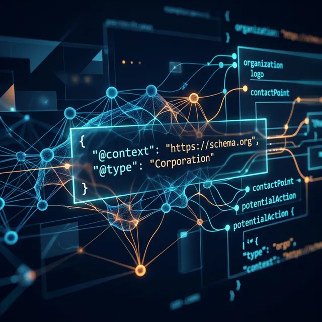 Tablero visual representando el código LD JSON y schema data siendo digerido por una red neuronal B2B futurística dorada y naranja oscuro