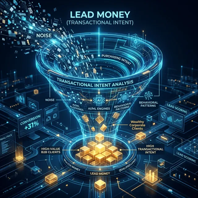 Embudo cibernético brillante color oro y amarillo extrayendo Leads Financieros y perfiles B2B ricos desechando el ruido mediante algoritmos IA