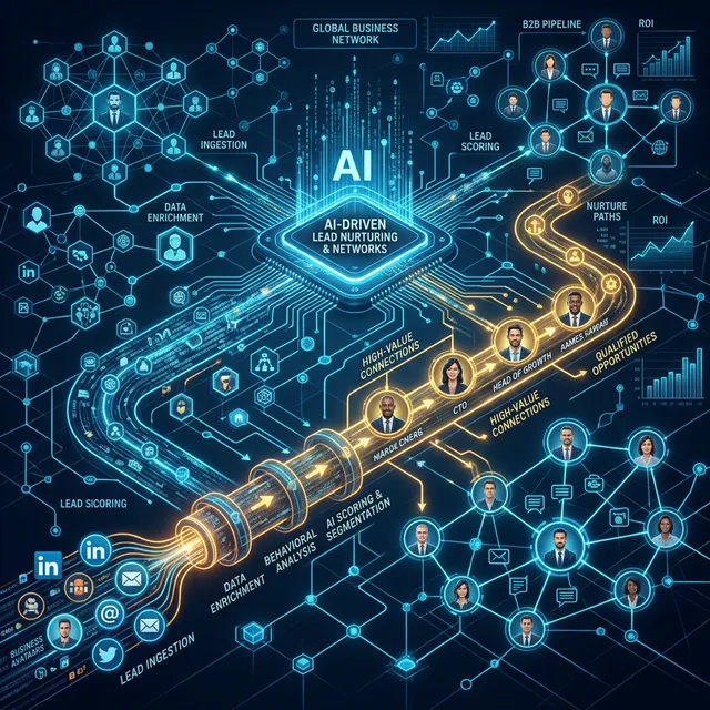 Concepto visual de inteligencia artificial analizando redes de prospectos, túneles de ventas con iluminación dorada indicando contactos financieros B2B de alto valor