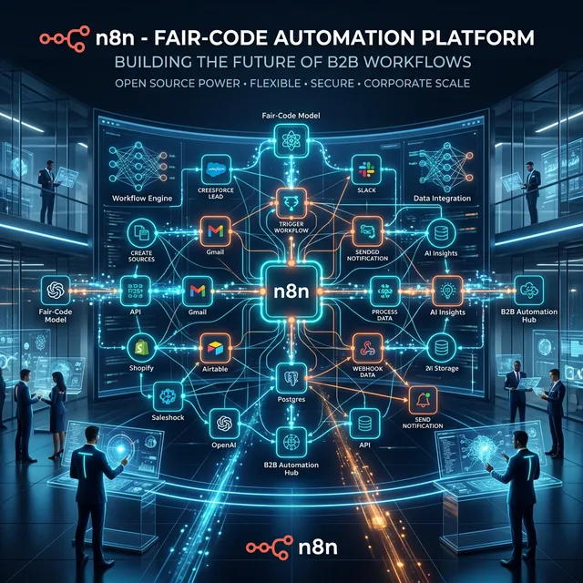 Panel de flujos de automatización algorítmica y nodos visuales de n8n orquestando conexiones seguras B2B en estilo cibernético