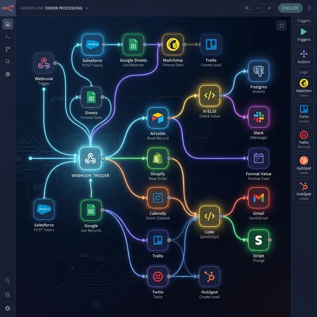Arquitectura de nodos conectando aplicativos de nube ERP en n8n software libre IA