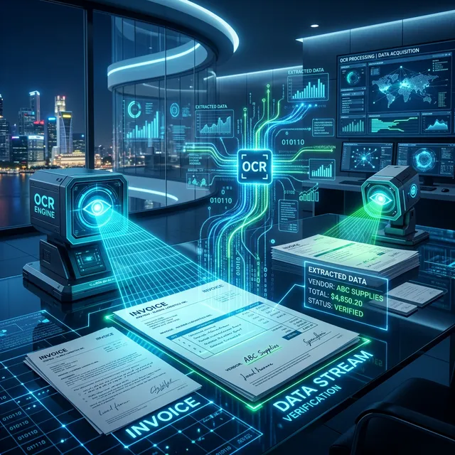Láser ciberespacial B2B ilustrando un escáner de visión computarizada leyendo un papel y transformando letras humanas en código binario y data JSON azul oscuro