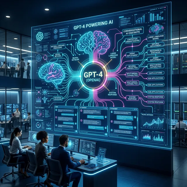 Panel ciberespacial B2B ilustrando un nodo neuronal de Inteligencia Artificial que simboliza el motor semántico de lenguaje de los modelos GPT procesando diálogos humanos