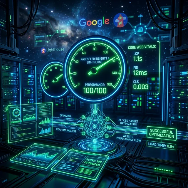 Termómetros y velocímetros de rendimiento web de Google PageSpeed Insights y herramientas Lighthouse manejados por inteligencia artificial B2B corporativa