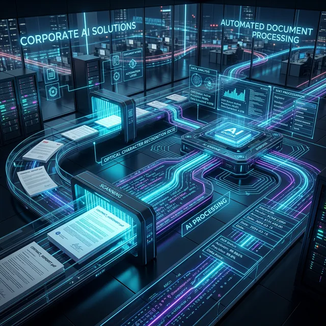 Láseres escaneando y extrayendo datos analíticos desde documentos en PDF virtual, visualización B2B corporativa de Inteligencia artificial OCR en un entorno azul oscuro y violeta