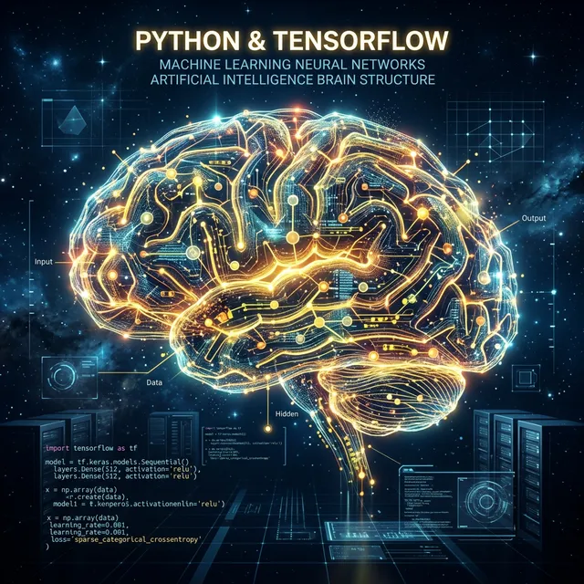 Redes neuronales complejas procesando algoritmos matemáticos en la nube sobre un motor en Python y la biblioteca de machine learning de Google TensorFlow en un servidor corporativo