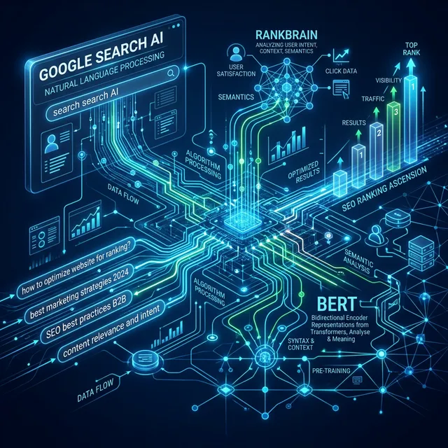 Concepto visual de los algoritmos de inteligencia artificial de Google RankBrain y BERT analizando el lenguaje natural de las búsquedas web empresariales B2B