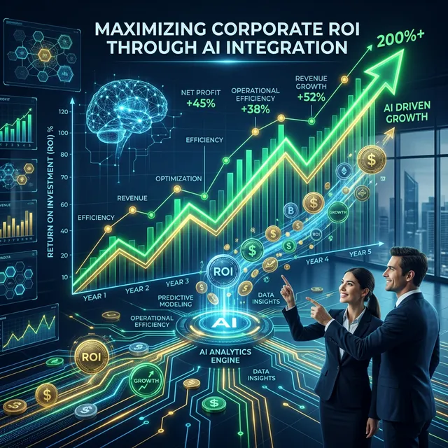 Panel financiero ciberespacial B2B ilustrando métricas de retorno de inversión ROI con gráficas en alzada verde y monedas de datos cibernéticas doradas impulsadas por inteligencia artificial