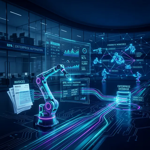 Concepto visual cibernético corporativo B2B de un robot RPA extrayendo datos de interfaces a bases de datos neuronales en azul profundo y purpura