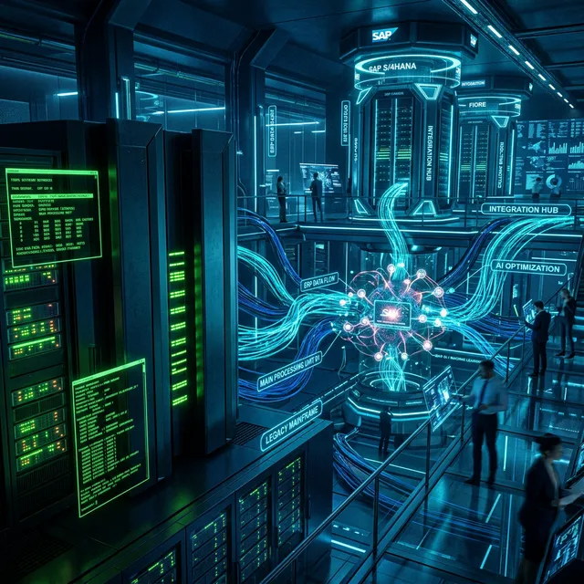 Panel ciberespacial B2B ilustrando un servidor Mainframe antiguo conectado mediante cableado luminoso a una red neuronal de IA moderna con logotipos abstractos de ERP