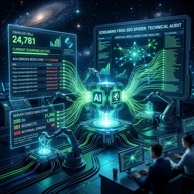 Panel holográfico espacial mostrando algoritmos de inteligencia artificial analizando rutas url y códigos 404 en la consola de Screaming Frog Spider