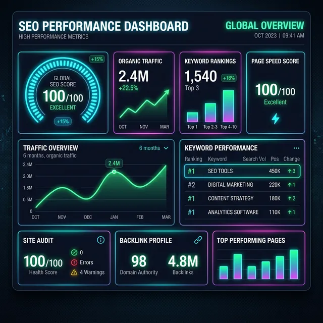 Panel de control analítico de métricas 100/100 en posicionamiento SEO de algoritmos Spider B2B B2C