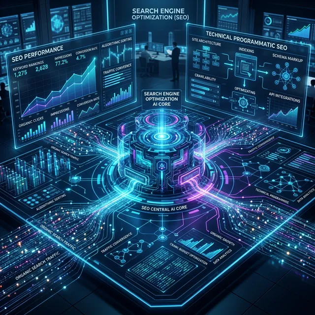 Concepto futurístico de SEO Técnico visualizado como inteligencia artificial asimilando un billón de páginas web hacia un núcleo central rankeado