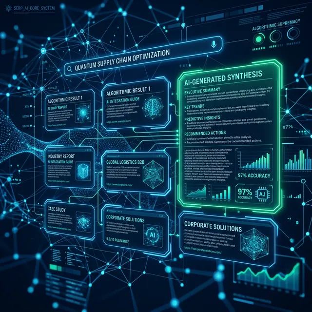 Panel de resultados holográficos de búsqueda de Google (SERPs) analizados y conquistados por un algoritmo de inteligencia artificial de redes neuronales corporativas en verde neón