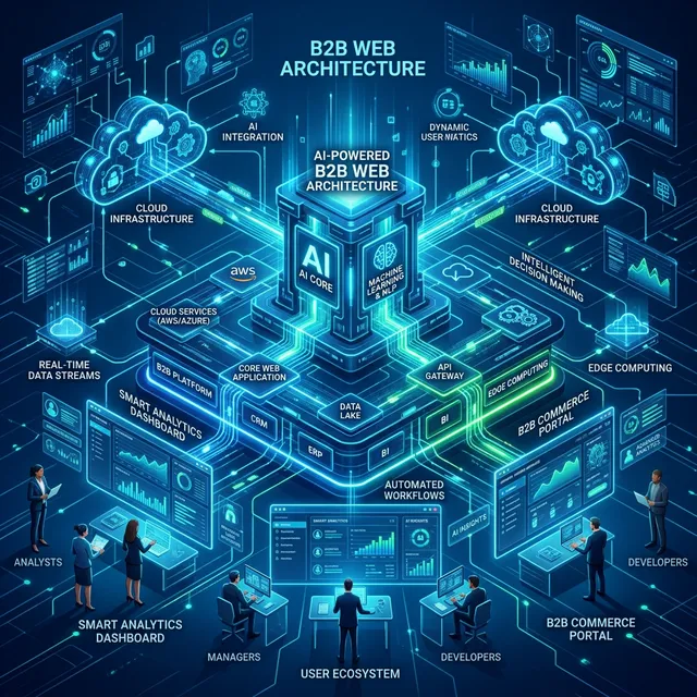 Interfaz B2B oscura, futurista y profesional ilustrando la arquitectura Web moderna inyectada con módulos de Inteligencia Artificial resplandeciente