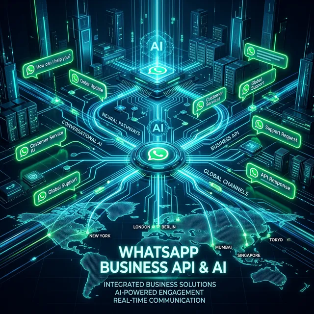 Panel ciberespacial B2B ilustrando los nodos de red semántica de mensajería global de WhatsApp Business API impulsada por inteligencia artificial